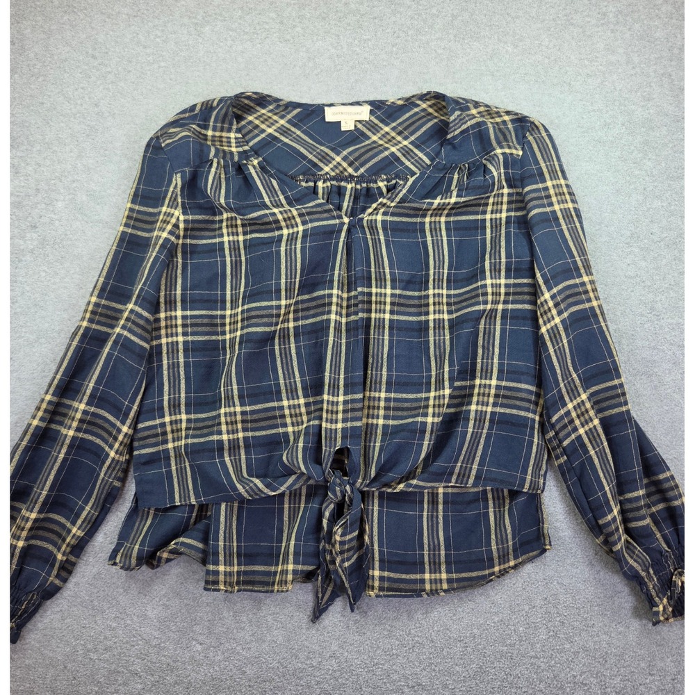 Coverstitched Navy Yellow Plaid Long Sleeve Front Tie Blouse Top Women's Small